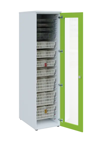 EUROMEDICA S - 46 skříň léková boxová, 1-dveřová/prosklená, pravá, 1950x460x735, korpus bílý, dvířka jarní zeleň